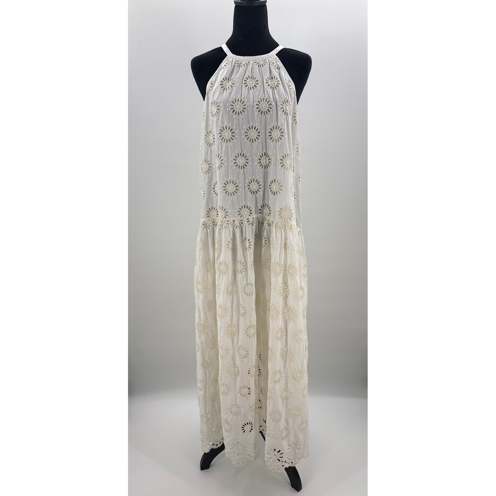 Madewell Halter Floral Eyelet Drop Waist Maxi Dress Antique Cream size L NV409 - Picture 6 of 13